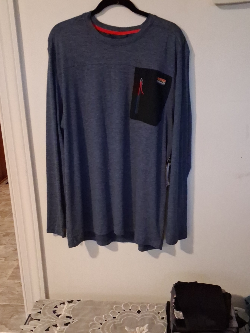 Avalanche Heather Navy Long Sleeve Tee with Black Pocket and Red Trim Accent